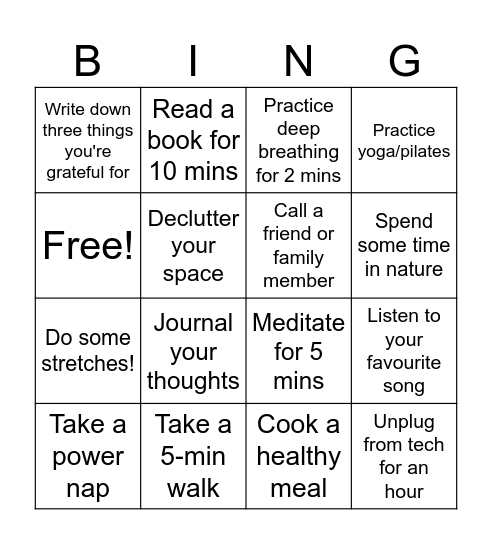 Stress Management Bingo Card