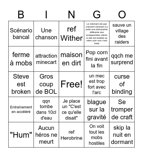 Minecraft film Bingo Card