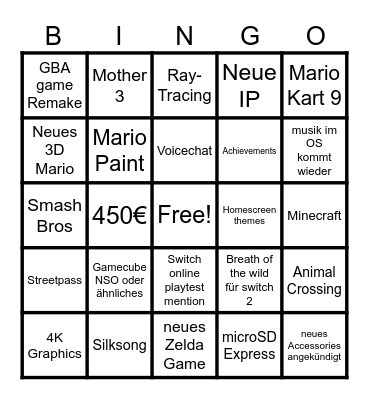 Switch 2 Bingo Card