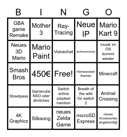 Switch 2 Bingo Card