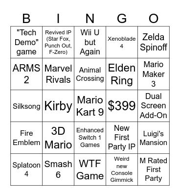 Nintendo Switch 2 Direct Bingo Card
