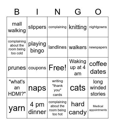 Old people Bingo Card