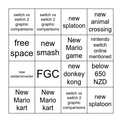 Switch 2 direct Bingo Card