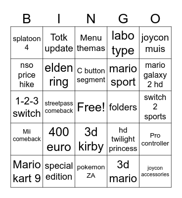 Switch 2 reveal Bingo Card