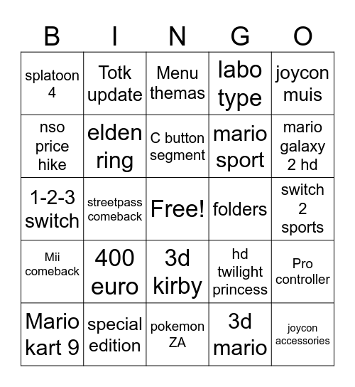 Switch 2 reveal Bingo Card