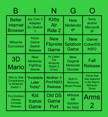 Nintendo Switch 2 Direct Predictions Bingo Card