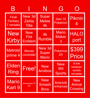 Nintendo Direct Bingo Card
