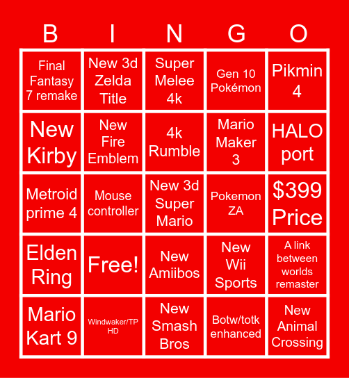 Nintendo Direct Bingo Card