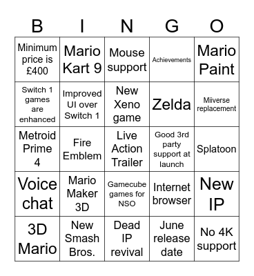 Switch 2 Direct Bingo! Bingo Card