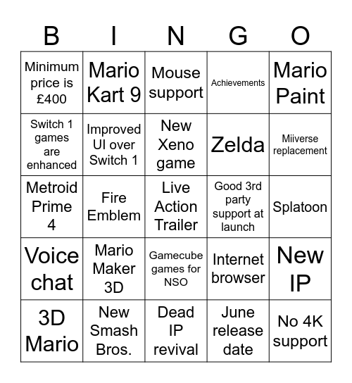 Switch 2 Direct Bingo! Bingo Card