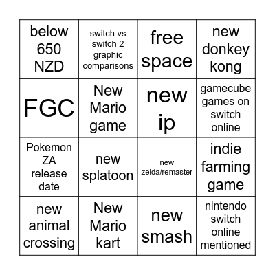 Switch 2 direct Bingo Card