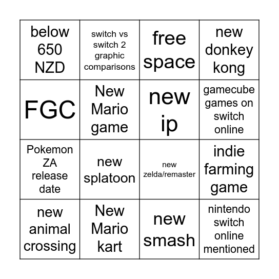Switch 2 direct Bingo Card