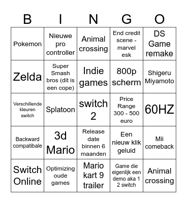 Nintendo Direct Bingo Card