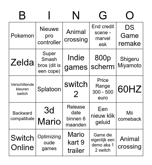 Nintendo Direct Bingo Card