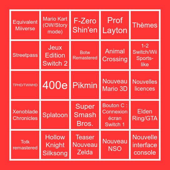 Nintendo Direct - Nintendo Switch 2 Bingo Card