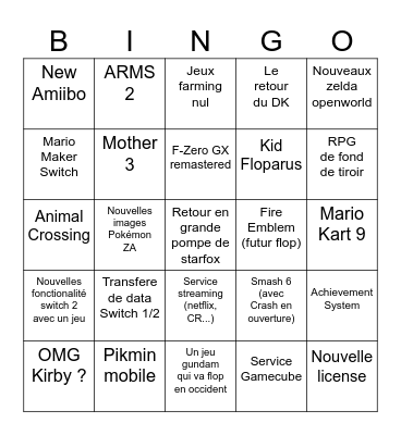Nintendo direct Switch 2 Bingo Card