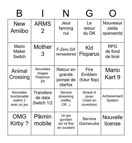 Nintendo direct Switch 2 Bingo Card