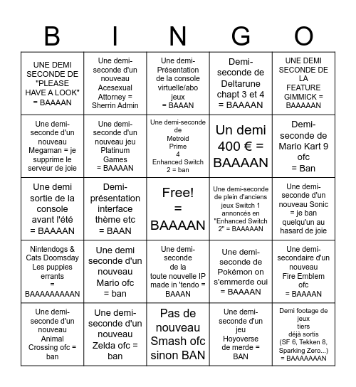 Nintendo direct Switch 2 Bingo Card