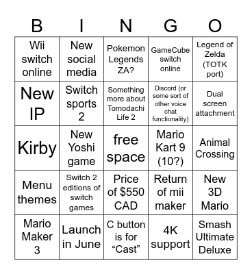 Switch 2 Bingo Card