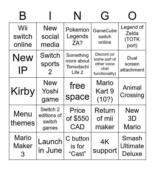 Switch 2 Bingo Card