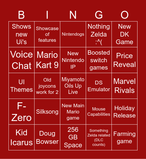 Switch 2 Bingo Card