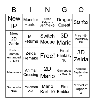 Switch 2 Bingo Card