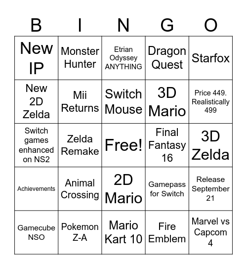 Switch 2 Bingo Card