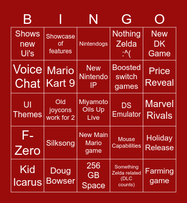 Switch 2 Bingo Card