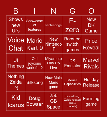 Switch 2 Bingo Card
