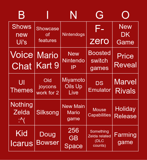 Switch 2 Bingo Card