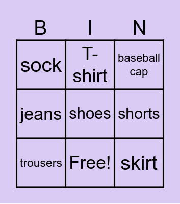 Get dressed Bingo Card