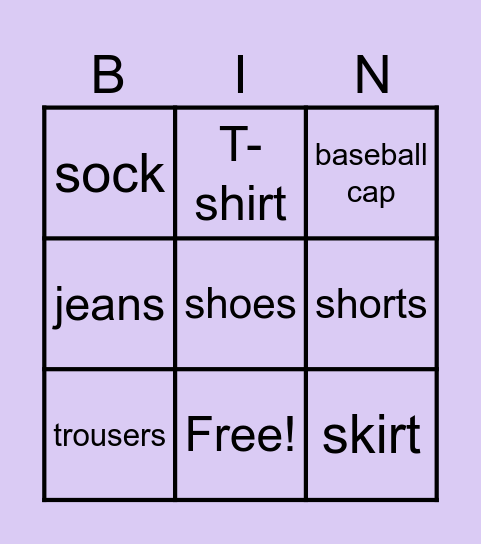 Get dressed Bingo Card