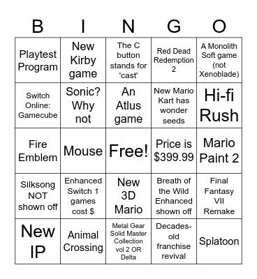 Switch 2 Direct Bingo Card