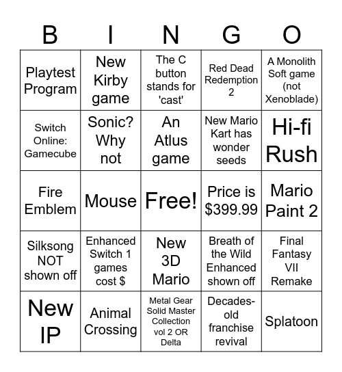 Switch 2 Direct Bingo Card