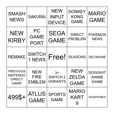 NINTENDO DIRECT Bingo Card