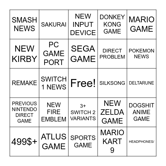 NINTENDO DIRECT Bingo Card