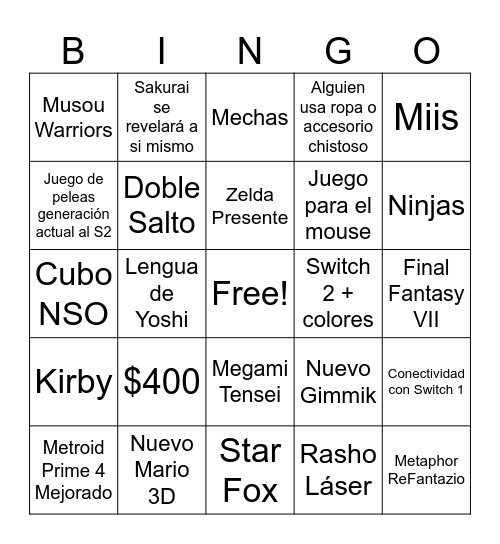 NINTENDO SWITCH 2 Bingo Card