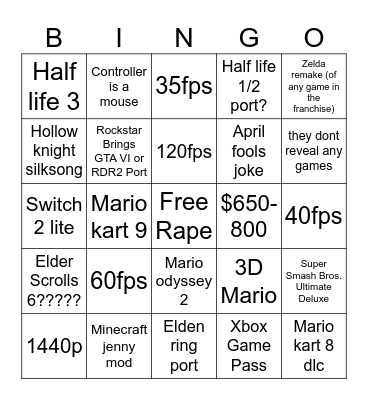 Nintendo switch 2 bingo Card