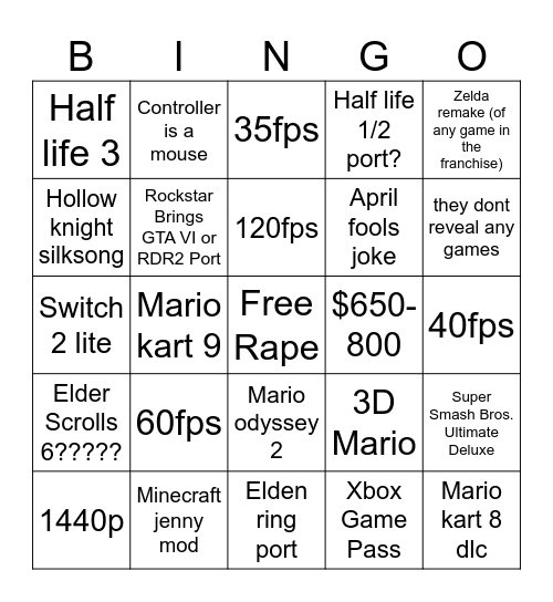 Nintendo switch 2 bingo Card