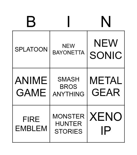 NINTENDO Bingo Card