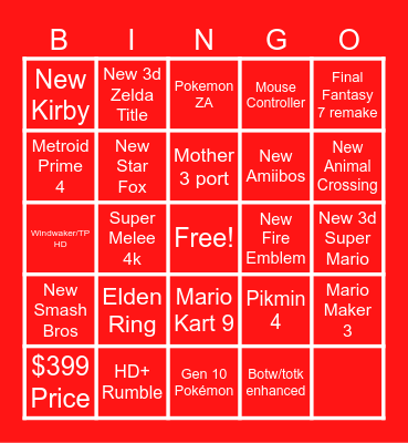 Nintendo Direct Bingo Card