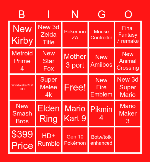 Nintendo Direct Bingo Card