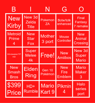 Nintendo Direct Bingo Card