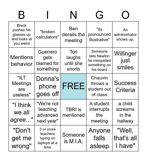Department Meeting Bingo Card