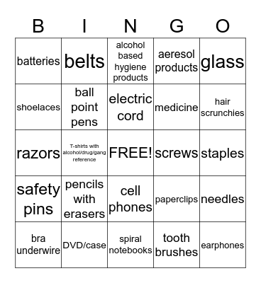 Contraband Bingo Card