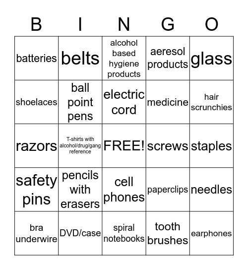 Contraband Bingo Card