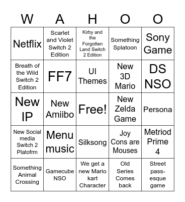 Nintendo Switch 2 Direct Bingo Card