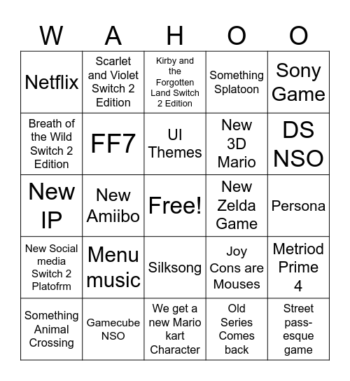 Nintendo Switch 2 Direct Bingo Card