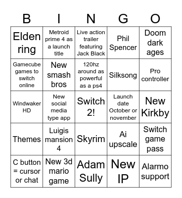 Switch 2 Bingo Card