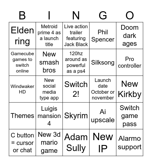 Switch 2 Bingo Card